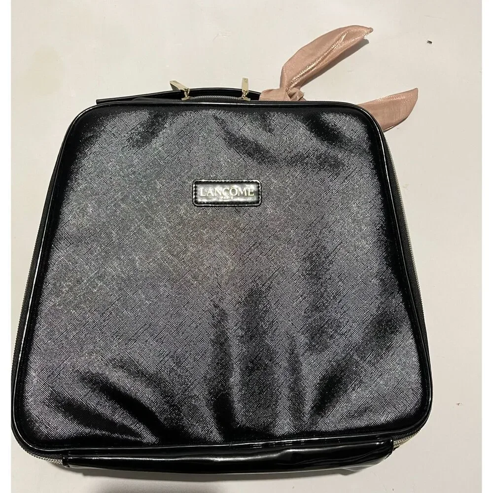 Lancome makeup case Paris large bag black gloss square cosmetic travel women